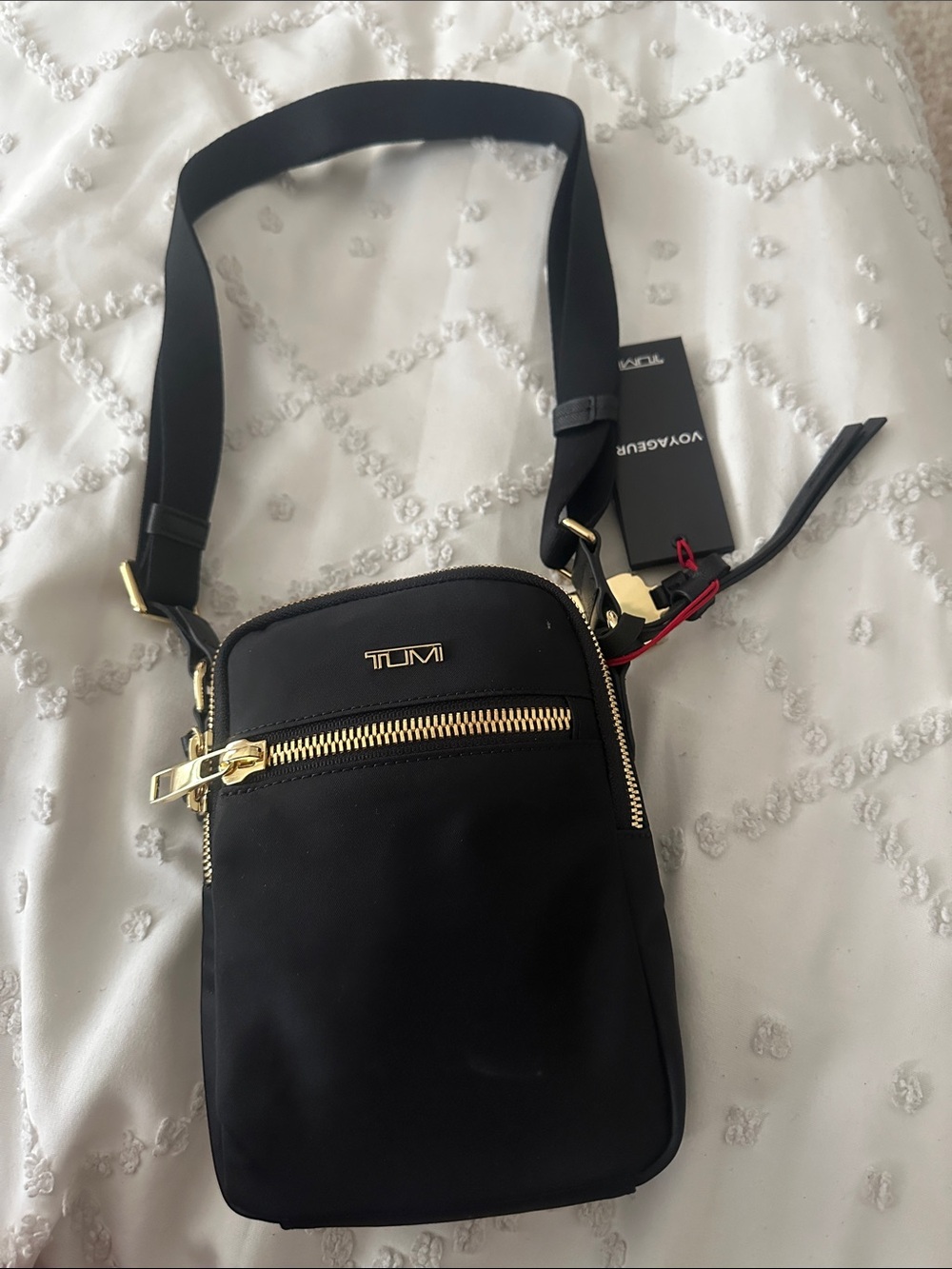 Tumi Black Crossbody Bag with Gold Hardware